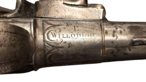 QUEEN ANNE SILVERMOUNTED 18 BORE FLINTLOCK HOLSTER PISTOL BY R WILLOUGHBY BIRMINGHAMEARLY 18THCENTURY ENGLISH FLINTLOCK PISTOL SILVERWIRE INLAID WALNUT GRIP SILVER GROTESQUE BUTT CAP WITH SILVER VACANT CARTOUCHES TO THE TOP AND THE SIDE OF THE STOCK CIRCA 1730 - ADDITIONAL PHOTO 6