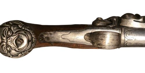 QUEEN ANNE SILVERMOUNTED 18 BORE FLINTLOCK HOLSTER PISTOL BY R WILLOUGHBY BIRMINGHAMEARLY 18THCENTURY ENGLISH FLINTLOCK PISTOL SILVERWIRE INLAID WALNUT GRIP SILVER GROTESQUE BUTT CAP WITH SILVER VACANT CARTOUCHES TO THE TOP AND THE SIDE OF THE STOCK CIRCA 1730 - ADDITIONAL PHOTO 7