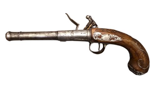 QUEEN ANNE SILVERMOUNTED 18 BORE FLINTLOCK HOLSTER PISTOL BY R WILLOUGHBY BIRMINGHAMEARLY 18THCENTURY ENGLISH FLINTLOCK PISTOL SILVERWIRE INLAID WALNUT GRIP SILVER GROTESQUE BUTT CAP WITH SILVER VACANT CARTOUCHES TO THE TOP AND THE SIDE OF THE STOCK CIRCA 1730 - ADDITIONAL PHOTO 8