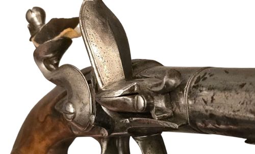 QUEEN ANNE SILVERMOUNTED 18 BORE FLINTLOCK HOLSTER PISTOL BY R WILLOUGHBY BIRMINGHAMEARLY 18THCENTURY ENGLISH FLINTLOCK PISTOL SILVERWIRE INLAID WALNUT GRIP SILVER GROTESQUE BUTT CAP WITH SILVER VACANT CARTOUCHES TO THE TOP AND THE SIDE OF THE STOCK CIRCA 1730 - ADDITIONAL PHOTO 22