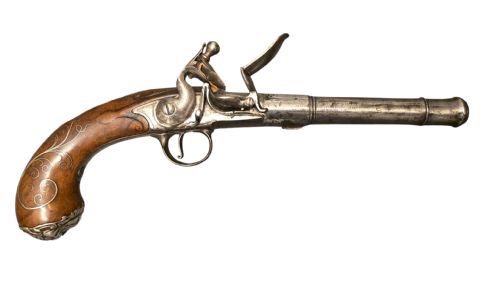 QUEEN ANNE SILVERMOUNTED 18 BORE FLINTLOCK HOLSTER PISTOL BY R WILLOUGHBY BIRMINGHAMEARLY 18THCENTURY ENGLISH FLINTLOCK PISTOL SILVERWIRE INLAID WALNUT GRIP SILVER GROTESQUE BUTT CAP WITH SILVER VACANT CARTOUCHES TO THE TOP AND THE SIDE OF THE STOCK CIRCA 1730 - ADDITIONAL PHOTO 25