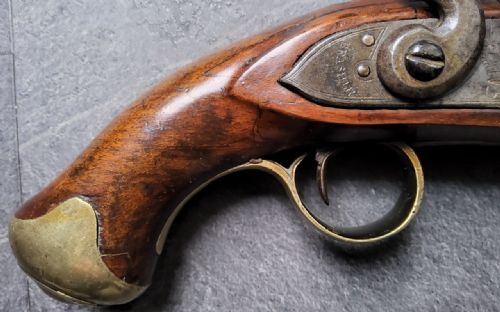 BRITISH TOWER FLINTLOCK PISTOL C17701815 CROWNGR TOWER MARKED LOCK STAMPED BRASHER BRASS FURNITURE WALNUT STOCK WITH PERIOD WEAR FLINTLOCK ACTION IN WORKING ORDER A SOLID NAPOLEONICERA SERVICE PISTOL - ADDITIONAL PHOTO 14
