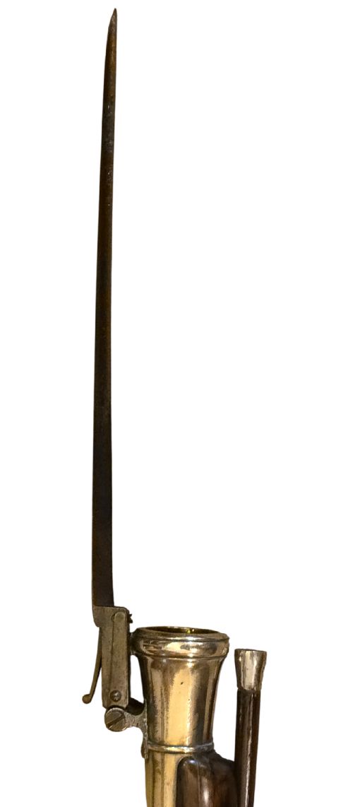 fig 3. Late eighteenth-century British flintlock blunderbuss featuring a flared brass barrel, dark polished walnut stock, steel flintlock action, top-mounted sprung bayonet, and a separate wooden ramrod.