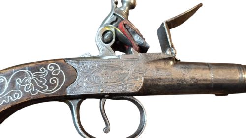 ENGLISH FLINTLOCK POCKET PISTOL JAMES BARBER LONDON SILVER WIRE INLAID CIRCA 17601780 IN THE QUEEN ANNE STYLE WITH CANON BARREL - ADDITIONAL PHOTO 2