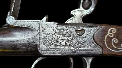 ENGLISH FLINTLOCK POCKET PISTOL JAMES BARBER LONDON SILVER WIRE INLAID CIRCA 17601780 IN THE QUEEN ANNE STYLE WITH CANON BARREL - ADDITIONAL PHOTO 12