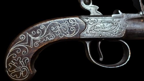 ENGLISH FLINTLOCK POCKET PISTOL JAMES BARBER LONDON SILVER WIRE INLAID CIRCA 17601780 IN THE QUEEN ANNE STYLE WITH CANON BARREL - ADDITIONAL PHOTO 22