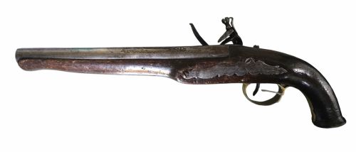 fig 1. Early 19th-Century Albanian Balkan Flintlock Holster Pistol, 18-Bore with possibly the name “Spilloin” or similar engraved on the lock.