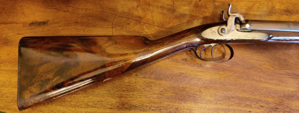 Westley Richards 14 bore side by side muzzle loading hammer action 19th century shotgun.  View II