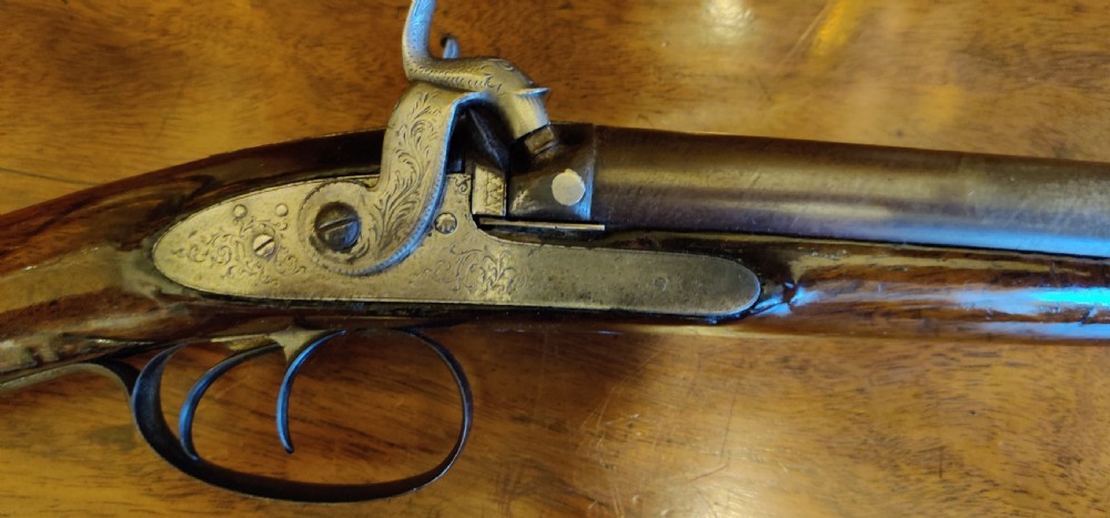 Westley Richards 14 bore side by side muzzle loading hammer action 19th century shotgun.  View IV