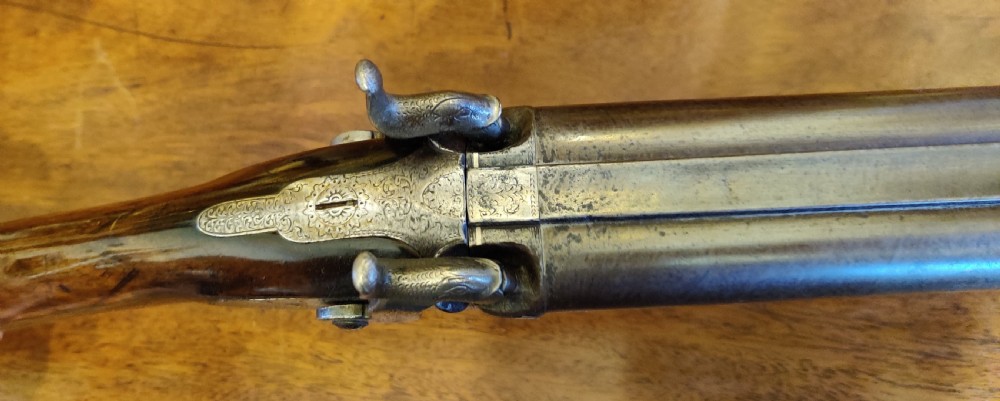 Westley Richards 14 bore side by side muzzle loading hammer action 19th century shotgun.  View V