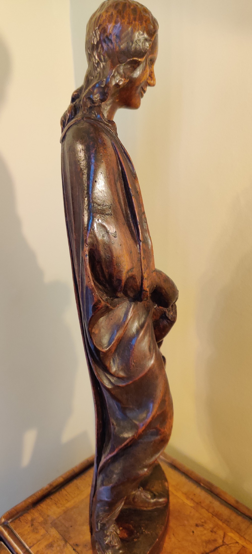 A rare 17th century, well carved Walnut figure of Saint Elizabeth and John the Baptist as a child.  View II