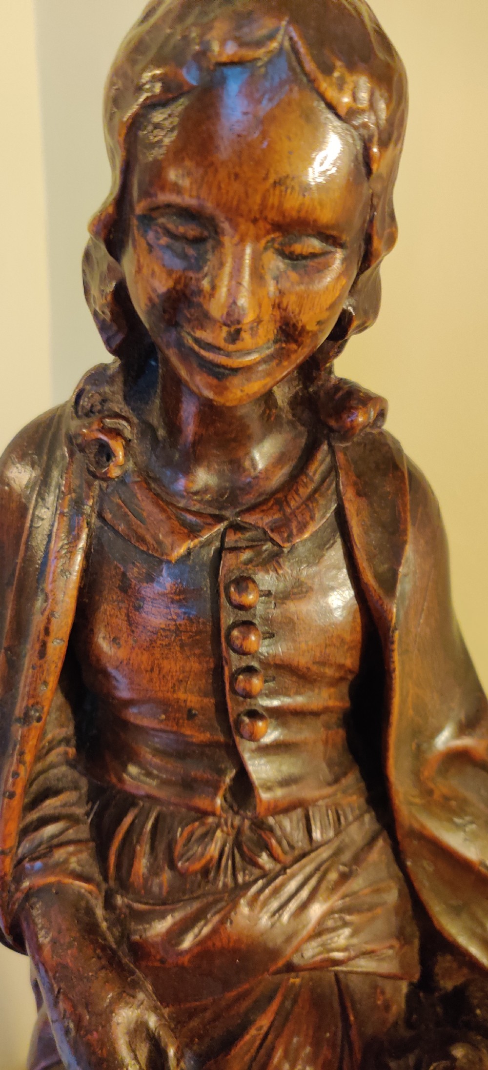 A rare 17th century, well carved Walnut figure of Saint Elizabeth and John the Baptist as a child.  View III