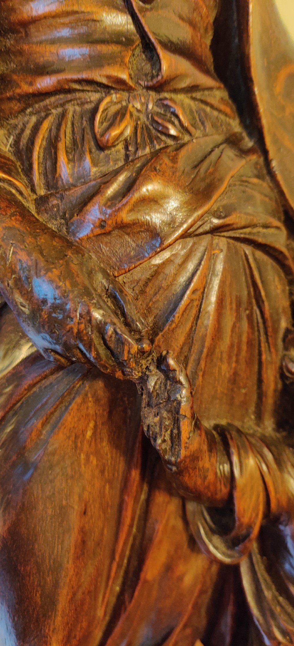 A rare 17th century, well carved Walnut figure of Saint Elizabeth and John the Baptist as a child.  View IV