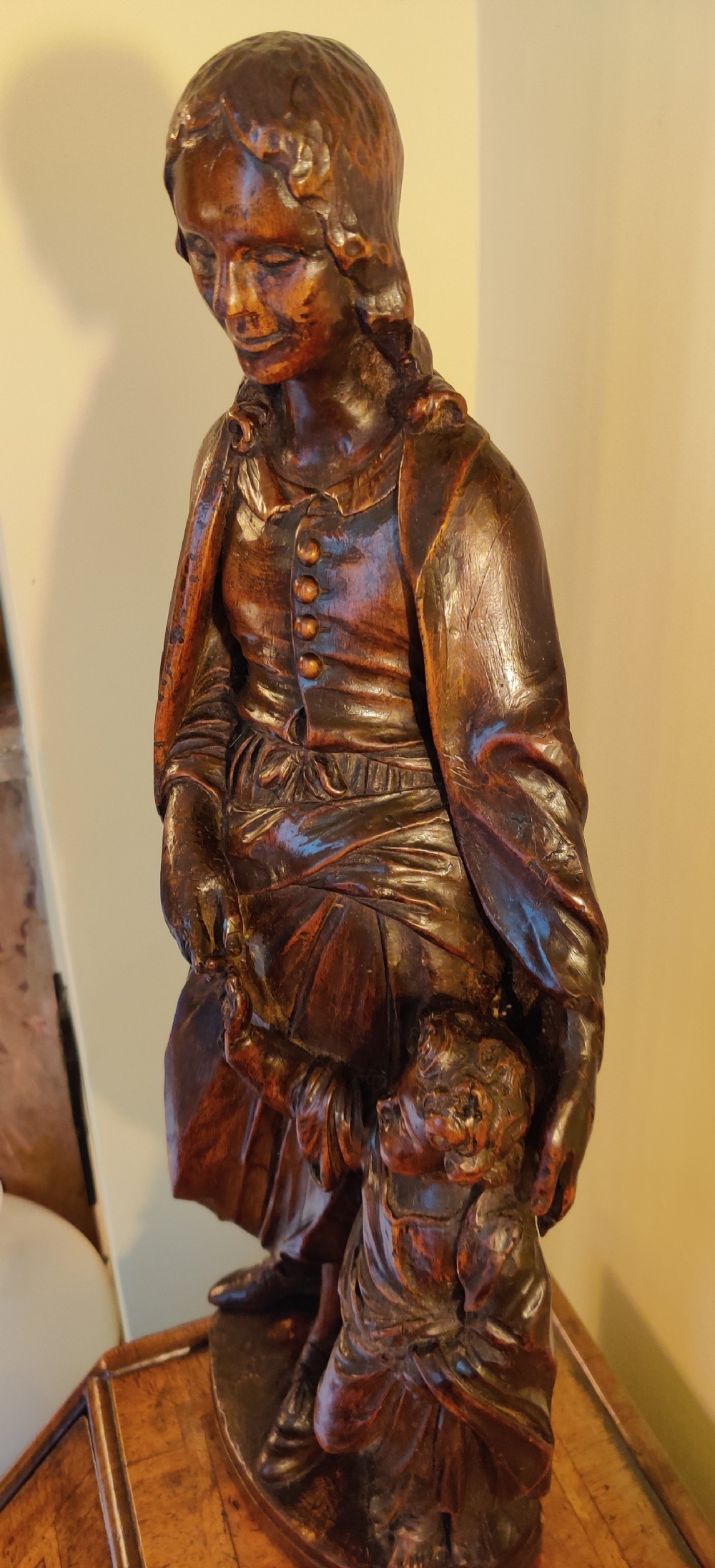A rare 17th century, well carved Walnut figure of Saint Elizabeth and John the Baptist as a child.  View VIII
