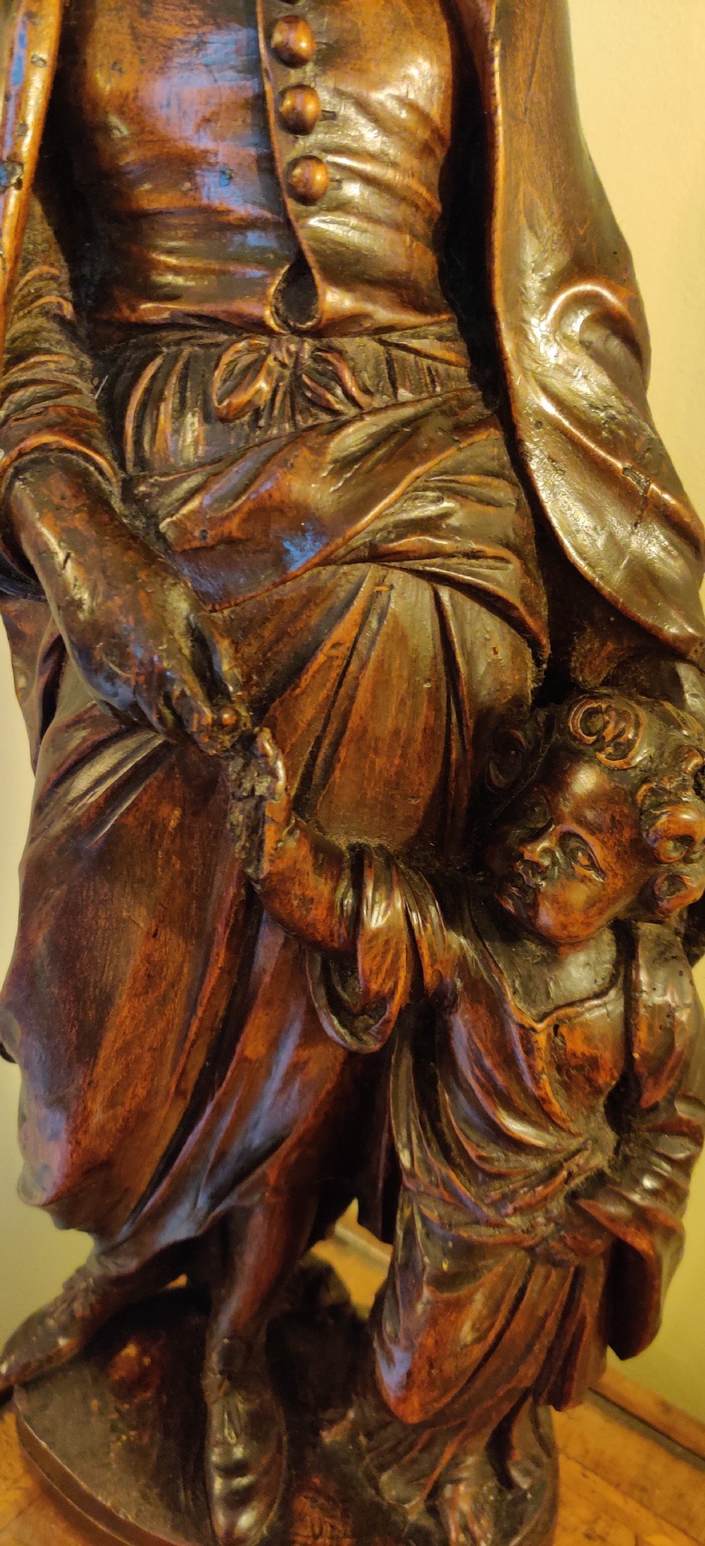 A rare 17th century, well carved Walnut figure of Saint Elizabeth and John the Baptist as a child.  View IX