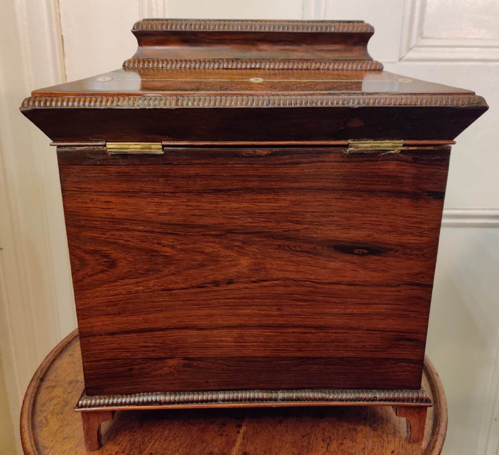 A Georgian dark rosewood tabletop cabinet featuring mother of pearl inlay, a sarcophagus-shaped top, side brass handles, and carved feet. View XIV