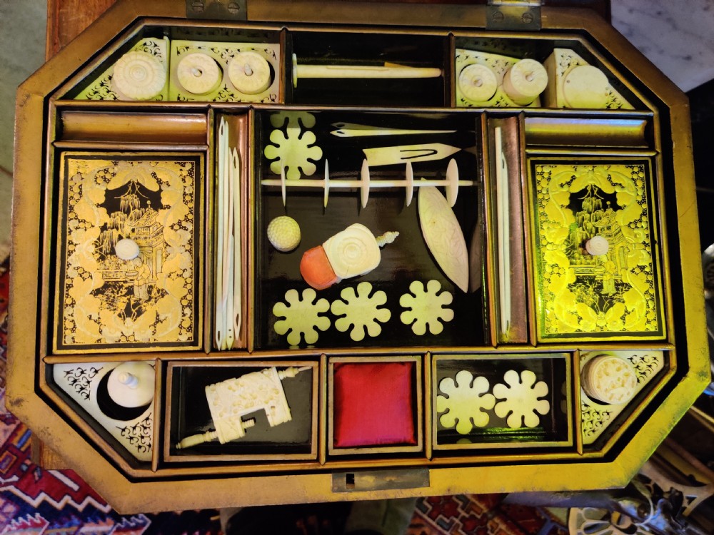 REGENCY LACQUERED CHINOISERIE SEWING Box, from the Qing Dynasty. Circa 1825.  View V