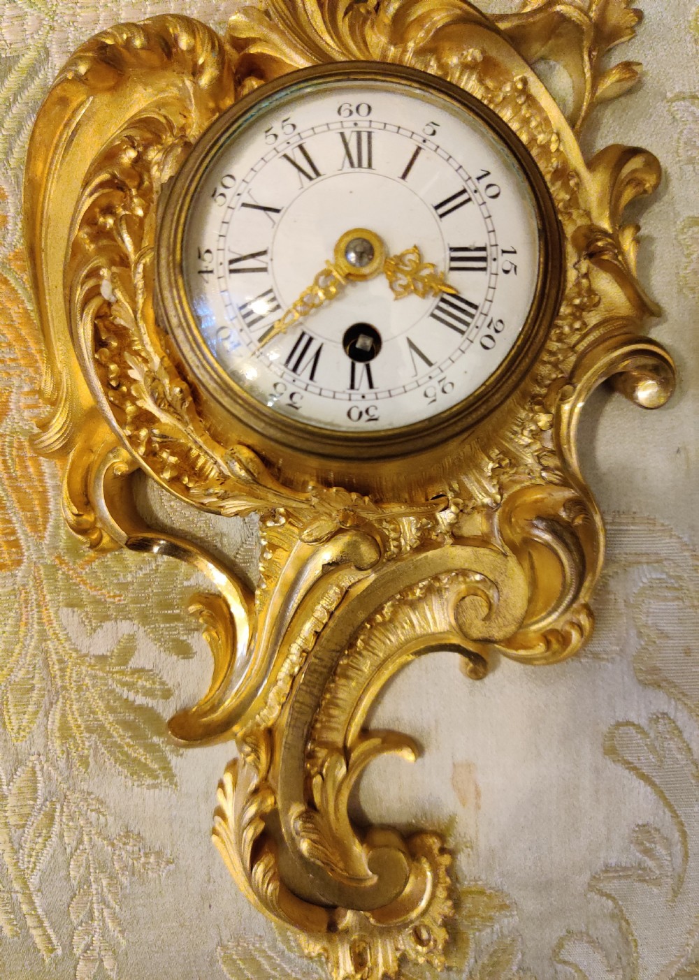 Small 19th century, French Gilt Bronze Rococo Cartel, or Wall Clock.  View II