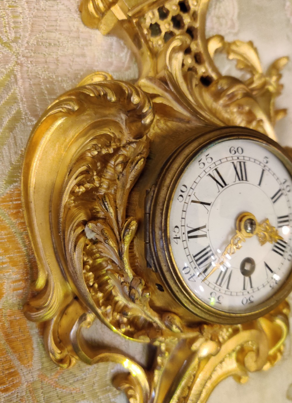 Small 19th century, French Gilt Bronze Rococo Cartel, or Wall Clock.  View VI