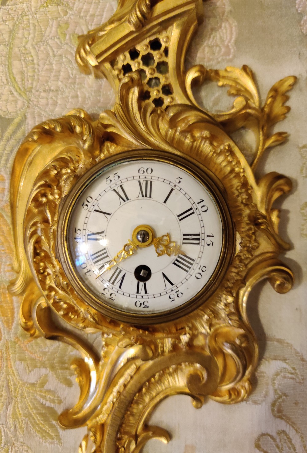 Small 19th century, French Gilt Bronze Rococo Cartel, or Wall Clock.  View IX