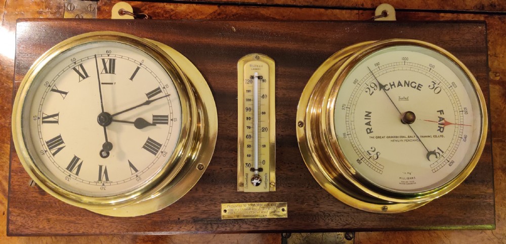 Ships Clock Barometer & Thermometer on a mahogany panel/plaque.