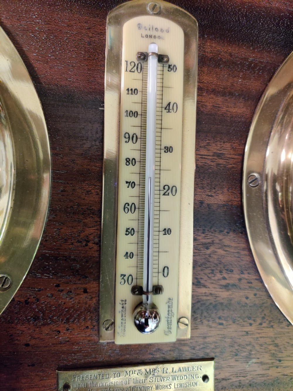 Ships Clock Barometer & Thermometer on a mahogany panel/plaque. View II