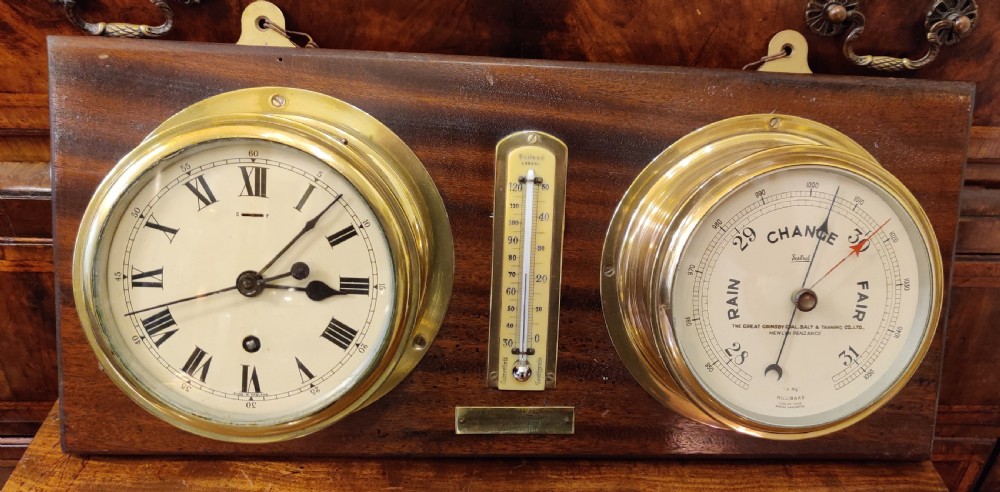 Ships Clock Barometer & Thermometer on a mahogany panel/plaque. View III
