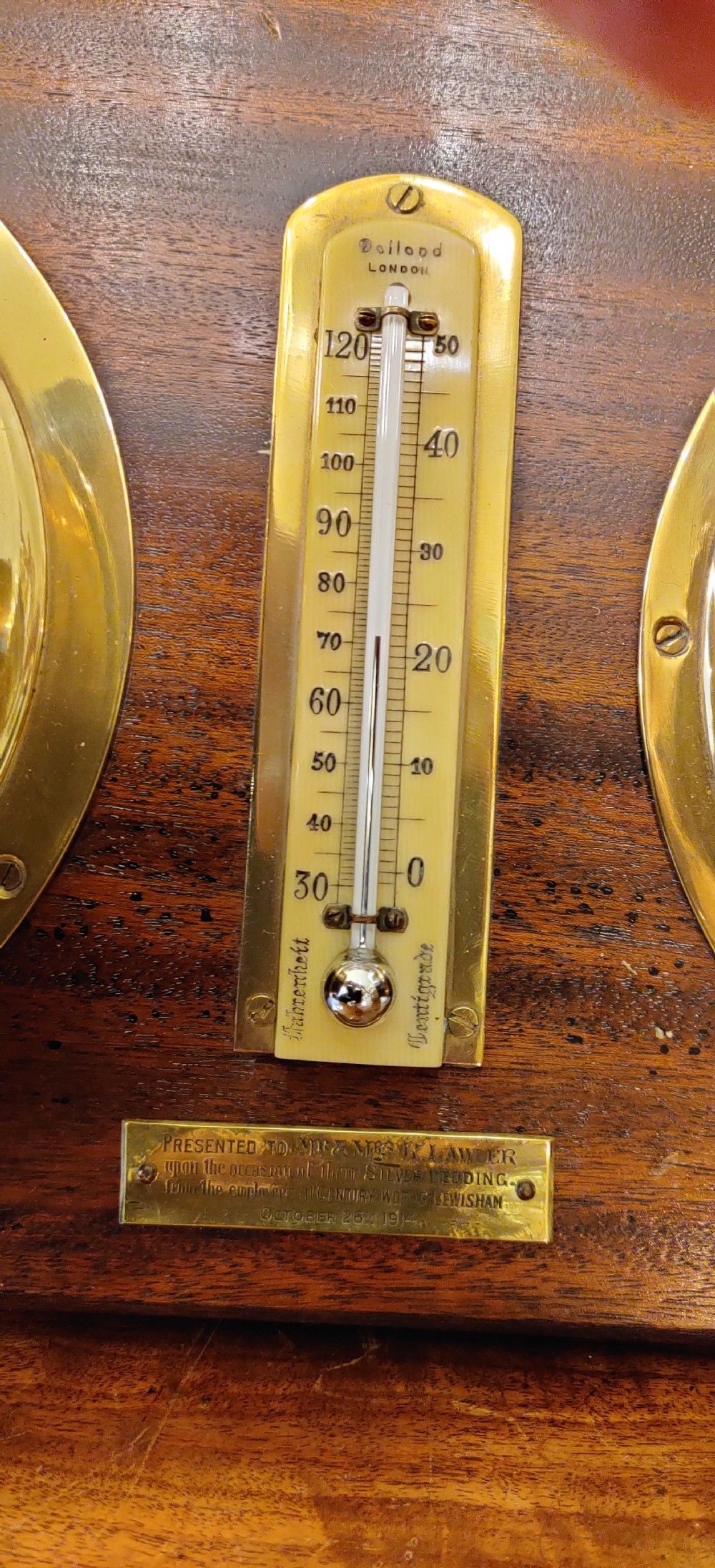 Ships Clock Barometer & Thermometer on a mahogany panel/plaque. View IV