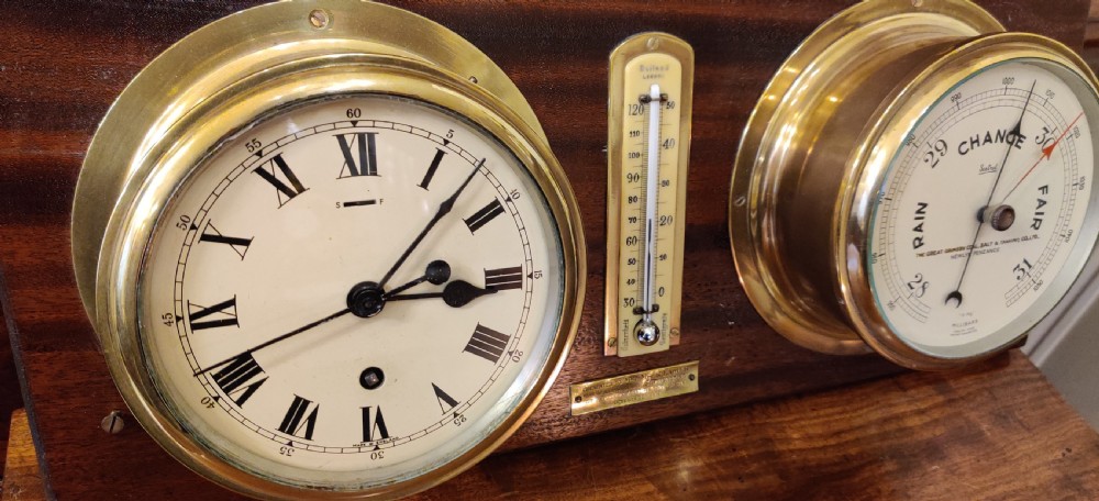 Ships Clock Barometer & Thermometer on a mahogany panel/plaque. View V