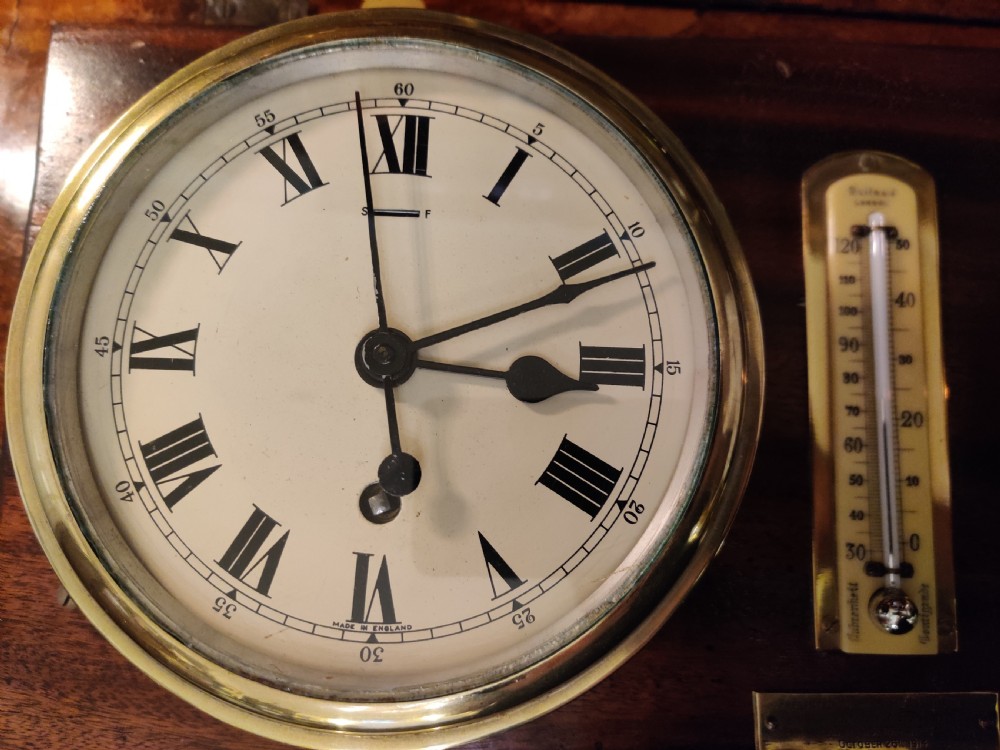 Ships Clock Barometer & Thermometer on a mahogany panel/plaque. View VI