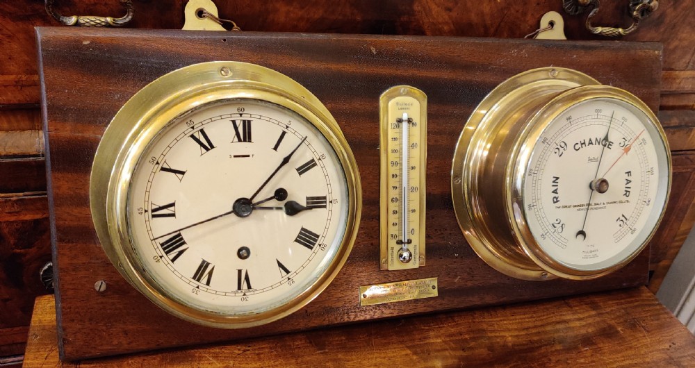 Ships Clock Barometer & Thermometer on a mahogany panel/plaque. View VIII