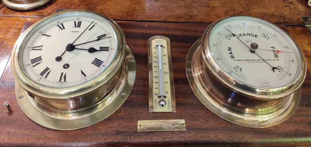 Ships Clock Barometer & Thermometer on a mahogany panel/plaque. View IX