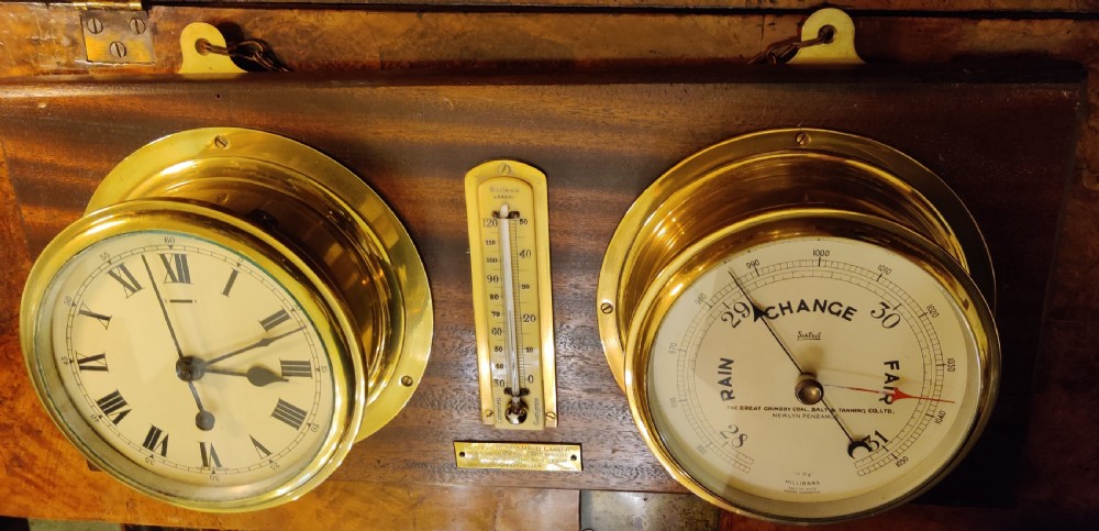 Ships Clock Barometer & Thermometer on a mahogany panel/plaque. View X