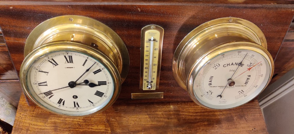 Ships Clock Barometer & Thermometer on a mahogany panel/plaque. View XI