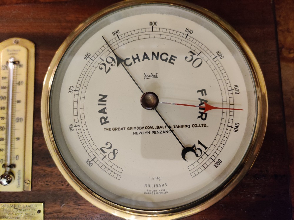 Ships Clock Barometer & Thermometer on a mahogany panel/plaque. View XII