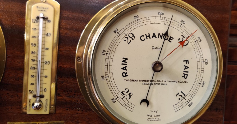 Ships Clock Barometer & Thermometer on a mahogany panel/plaque. View XIII