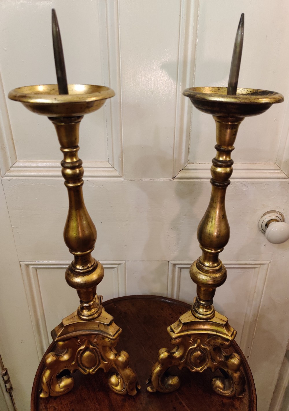 Pair of Gilt Bronze Pricket Candlesticks, Late 17th Century. South-Netherlands View II