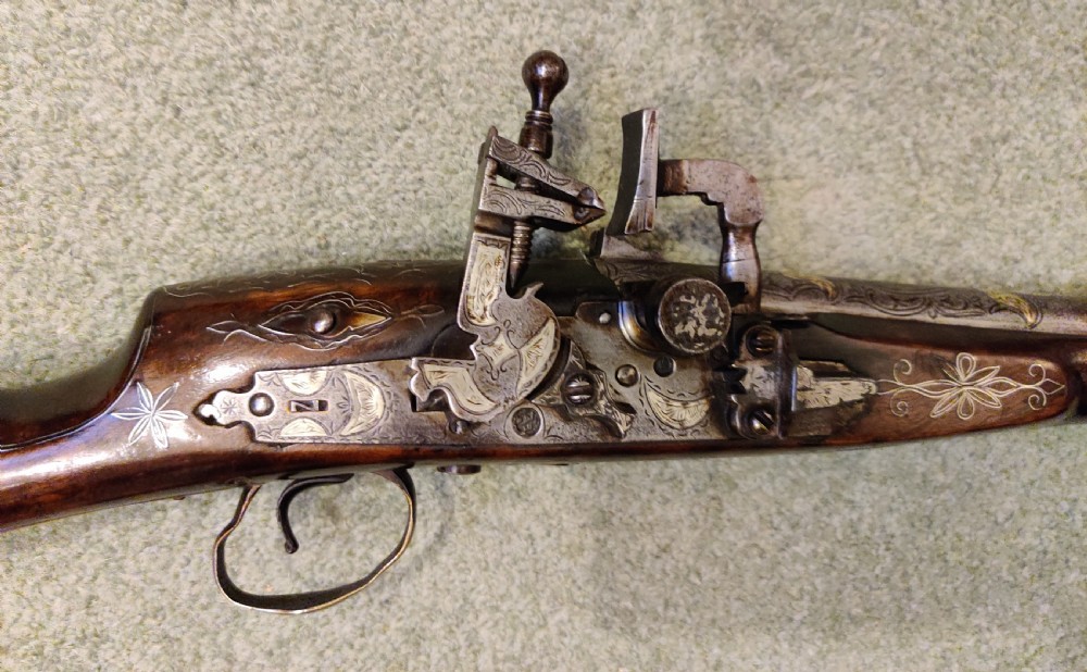 EARLY 19TH CENTURY AFGHAN JEZAIL MUSKET. Decorated with silver inlay.  View II