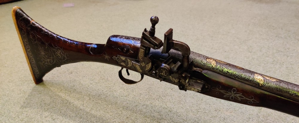 EARLY 19TH CENTURY AFGHAN JEZAIL MUSKET. Decorated with silver inlay.  View VIII