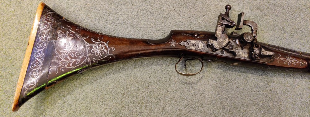 EARLY 19TH CENTURY AFGHAN JEZAIL MUSKET. Decorated with silver inlay.  View XI
