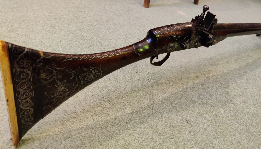 EARLY 19TH CENTURY AFGHAN JEZAIL MUSKET. Decorated with silver inlay.  View XVIII