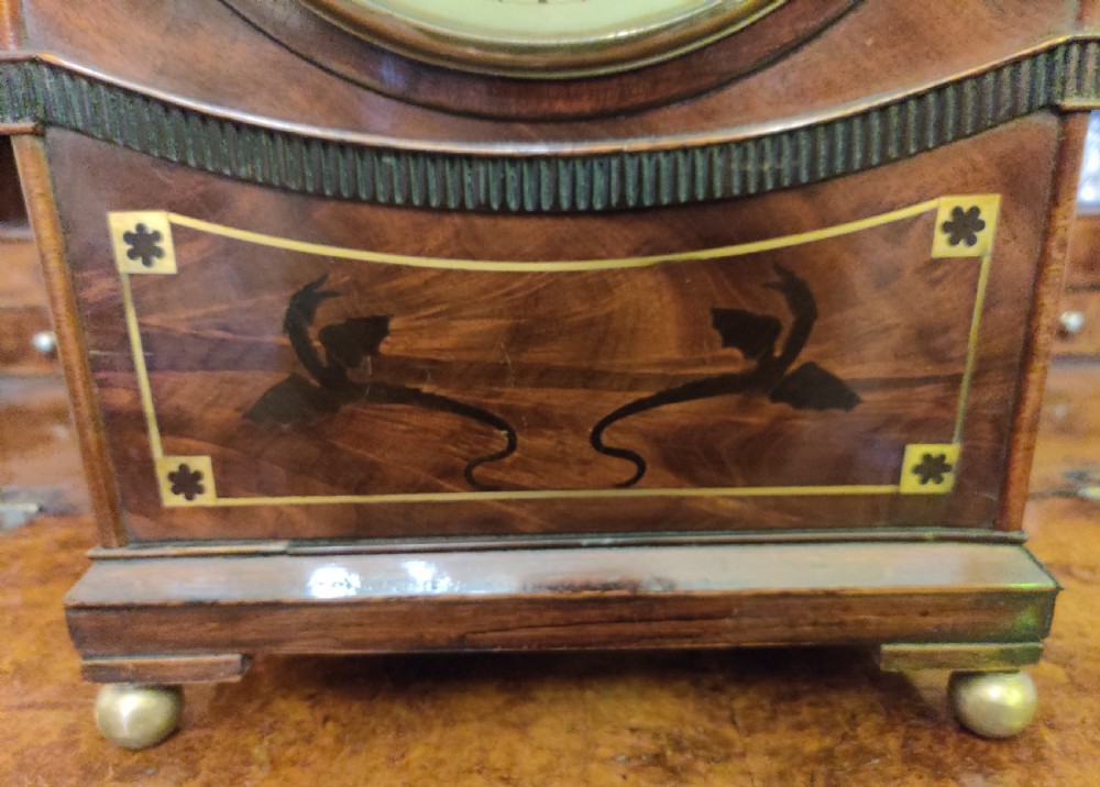 Georgian Lancet Top, Mahogany and brass inlaid striking, 8 day Bracket Clock.
Circa 1810. View IV