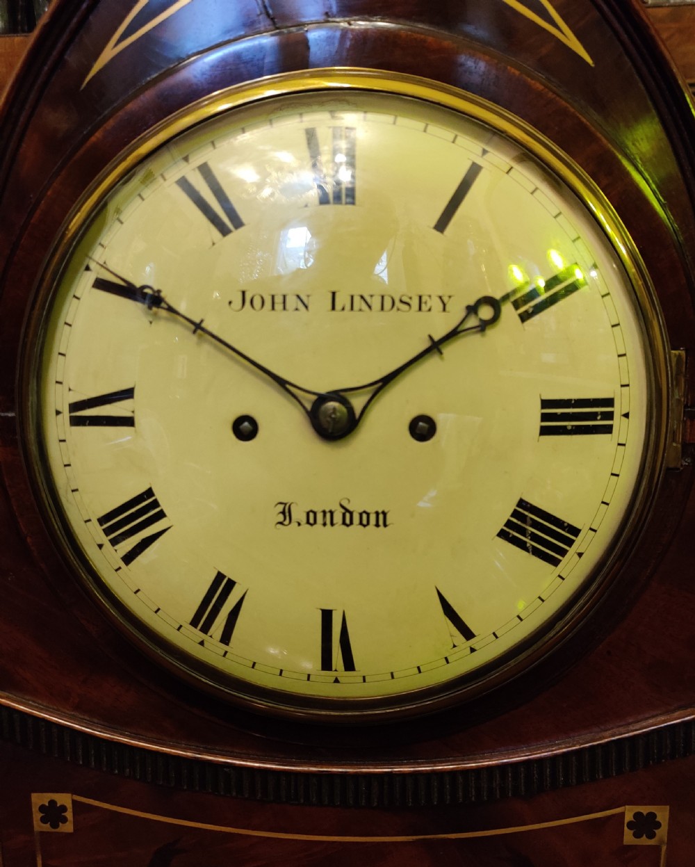 Georgian Lancet Top, Mahogany and brass inlaid striking, 8 day Bracket Clock.
Circa 1810. View VIII