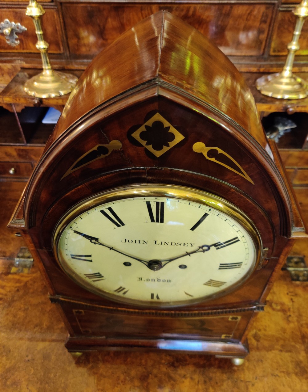 Georgian Lancet Top, Mahogany and brass inlaid striking, 8 day Bracket Clock.
Circa 1810. View IX
