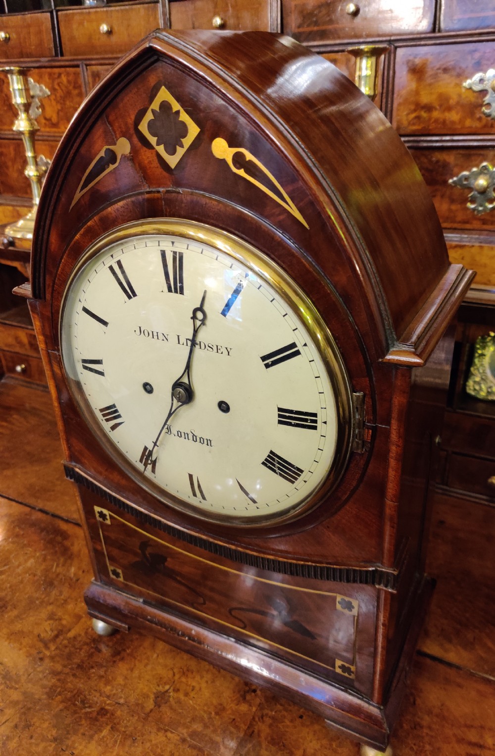 Georgian Lancet Top, Mahogany and brass inlaid striking, 8 day Bracket Clock.
Circa 1810. View XIII
