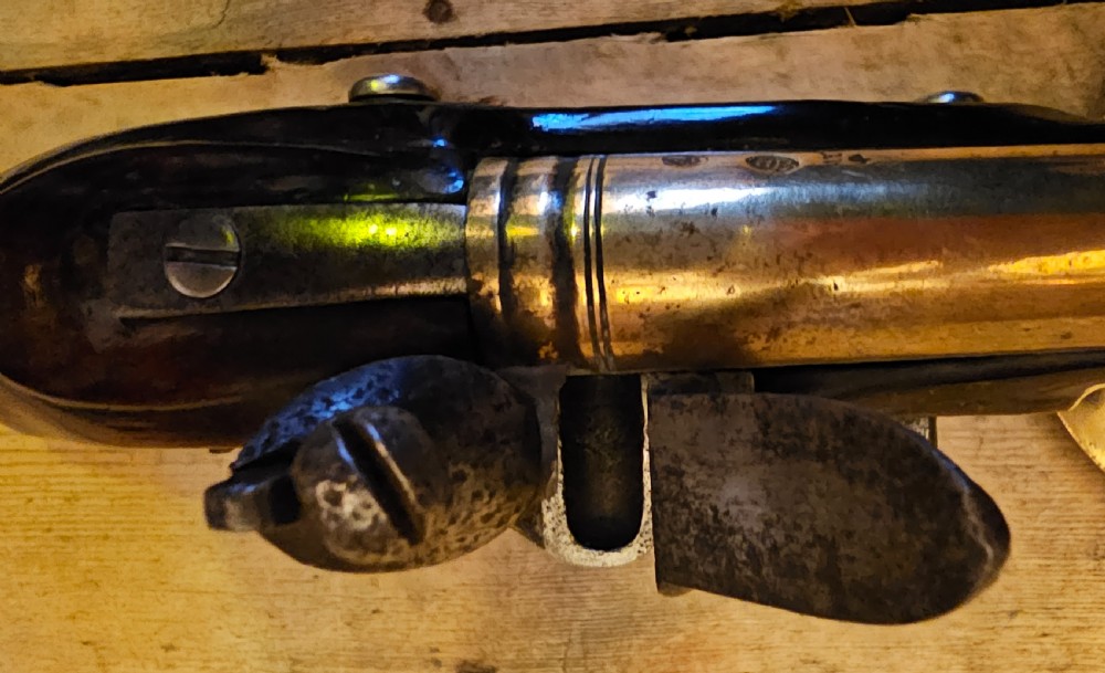A late 18th-century Light Dragoon service flintlock pistol featuring a brass barrel, dark walnut stock, and steel ignition lock mechanism. View VII