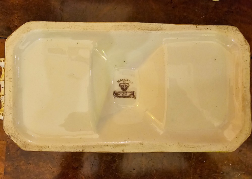 An ornate early 19th-century Masons ironstone double inkstand featuring a central sander, two lidded inkwells, and intricate Imari-style floral patterns. View III