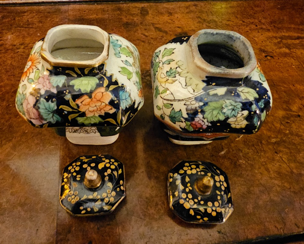 An ornate early 19th-century Masons ironstone double inkstand featuring a central sander, two lidded inkwells, and intricate Imari-style floral patterns. View XI