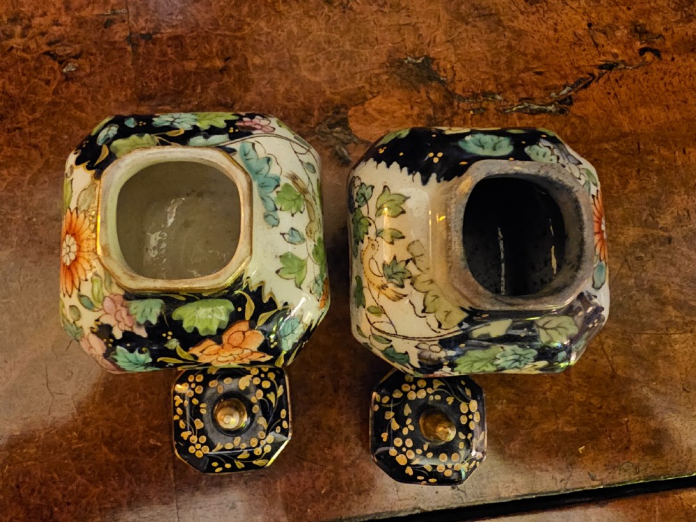 An ornate early 19th-century Masons ironstone double inkstand featuring a central sander, two lidded inkwells, and intricate Imari-style floral patterns. View XVI