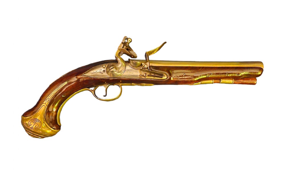 A FLINTLOCK PISTOL BY RICHARD WILSON, MINORIES, LONDON. LONDON PROOF MARKS, CIRCA 1750, 16 BORE. 